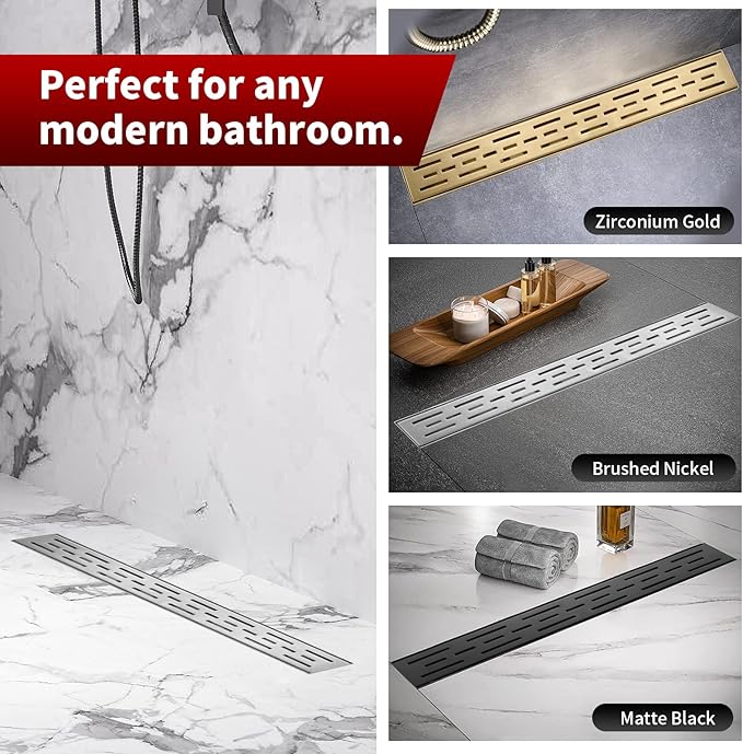 Sharp-tec Linear Shower Drain, 48 inch Shower Drain with Removable Pattern Cover, Brushed Nickel 304 Stainless Steel Rectangle Floor Drain, Adjustable Feet and Hair Strainer Included (Model 101)