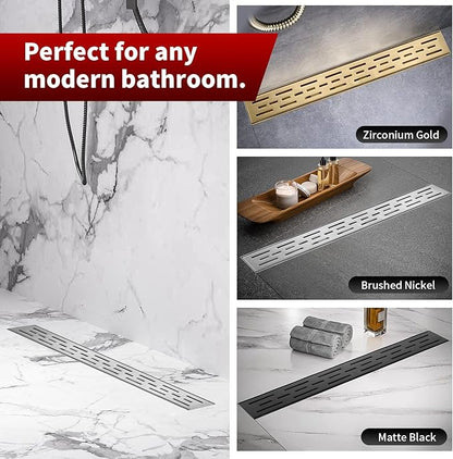 Sharp-tec Linear Shower Drain, 36 inch Shower Drain with Removable Pattern Cover, Brushed Nickel 304 Stainless Steel Rectangle Floor Drain, Adjustable Feet and Hair Strainer Included (Model 101)
