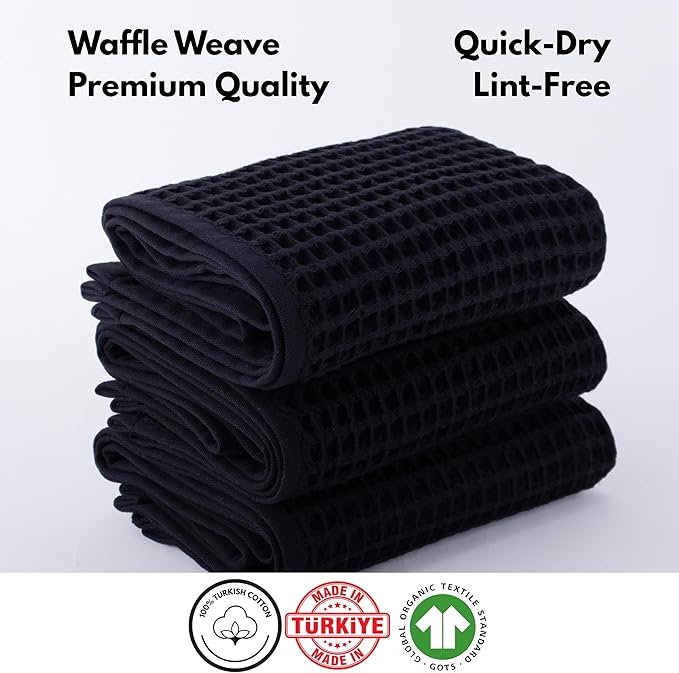 PÜSKÜL Organic Waffle Hand & Kitchen Towel 100% Turkish Cotton Set of 3 Black - Premium Quality, Soft, Quick-Dry, Absorbent, Lint-Free Waffle Weave Towels (3, Black)