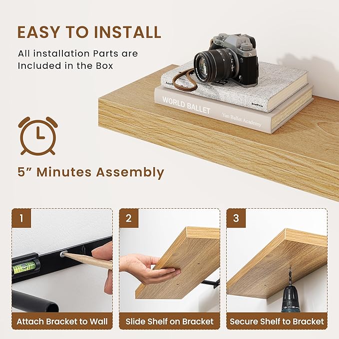 fuqing Floating Shelves for Wall, Wall Mounted Wood Floating Shelf with Invisible Brackets for Living Room, Bathroom, Bedroom, Kitchen Storage and Decor, 32 Inch Set of 2, Oak