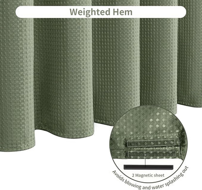 Inhousolu Fabric Shower Curtain Waffle Weave, Sage Green 230 GSM Heavy Duty, Weighted Hem, 14 Metal Hooks, Water Repellent, Machine Washable, Hotel Spa Luxury Bath Curtain Set, 72 x 96 Inch
