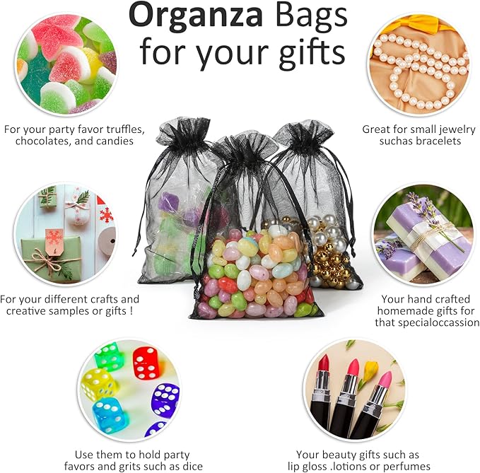 Hopttreely 100pcs Organza Bags, Black 4''x4.72''(10x12cm) Satin Drawstring Organza Pouch Wedding Party Favor Gift Bag Jewelry Watch Bags