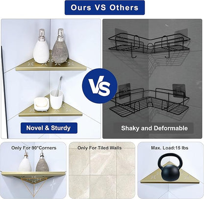 10" Corner Shower Shelf, 2-Pack Shower Shelves SUS304 Stainless Steel Bathroom Shelves for Tile Walls, Recessed Corner Shelf Organizer Rack, No Drilling (Brushed Gold)