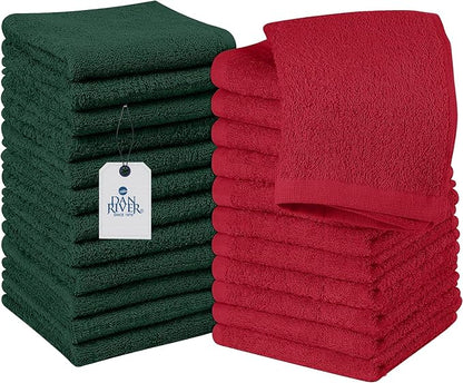 DAN RIVER 24 Pack Wash Cloths for Showering [12x12] - 100% Cotton Washcloths Premium Quality Flannel Face Cloths for Bathroom, Highly Absorbent and Soft Feel Wash Clothes, Red and Green