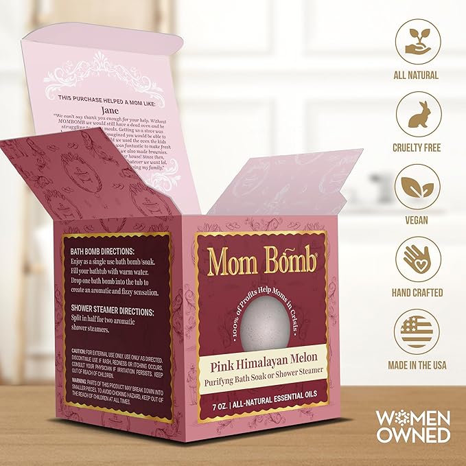 Mom Bomb Pink Himalayan Bath Bomb (Shower Steamer) – Essential Oils, Clean Ingredients – Relaxing Aromatherapy Fizz, Skin-Softening – Made in USA - Gift for Women 5 Ounce
