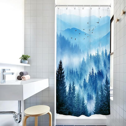 Riyidecor Stall Half Small Rv Shower Curtain 36Wx72H Inch Blue Mountain Single Stand Up Camper Camp Narrow Scenery Nature Woodland Pine Tree Bathroom Decor Fabric Polyester Waterproof 7 Pack Hooks