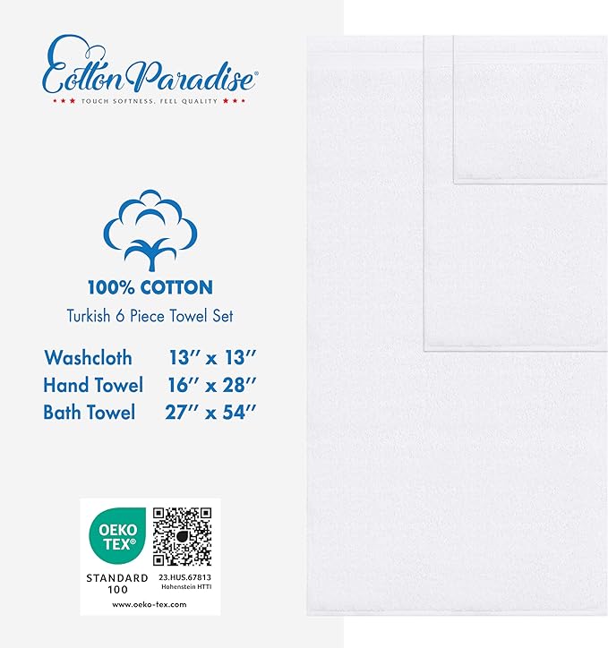 Cotton Paradise 6 Piece Towel Set, 100% Cotton Soft Absorbent Turkish Towels for Bathroom, 2 Bath Towels 2 Hand Towels 2 Washcloths, White Towel Set