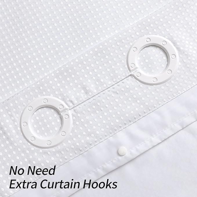 MitoVilla No Hooks Required Extra Long Shower Curtain Liner Set, 86 inch XL White Waffle Heavyweight Fabric Cloth Shower Curtains Set with Snap-in Liner for Modern Luxury Hotel & Spa Bathroom Decor