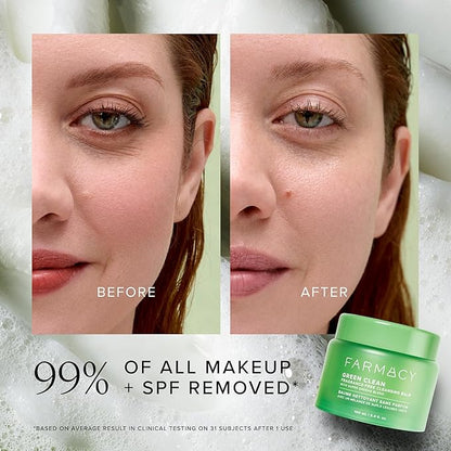 Farmacy Makeup Remover Cleansing Balm - Green Clean Waterproof Makeup Remover + Oil Based Cleanser - Newly Formulated Double Cleanser with Plant Based Waxes + Upcycled Moringa - Fragrance Free (100ml)