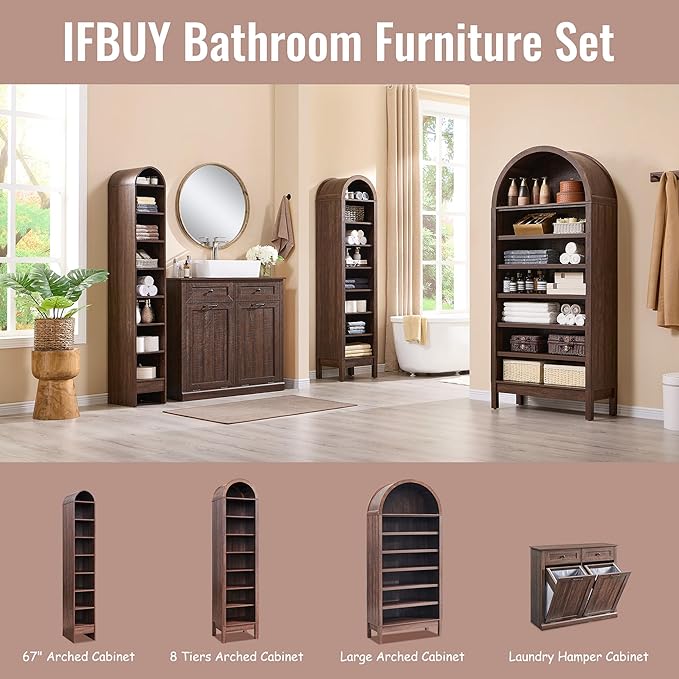 67" Tall Arched Bathroom Storage Cabinet, 8-Tier Modern Farmhouse Storage Cabinet with Adjustable Shelves, Wood Freestanding Cabinet for Bathroom, Living Room, Entryway, Hallway (Brown)