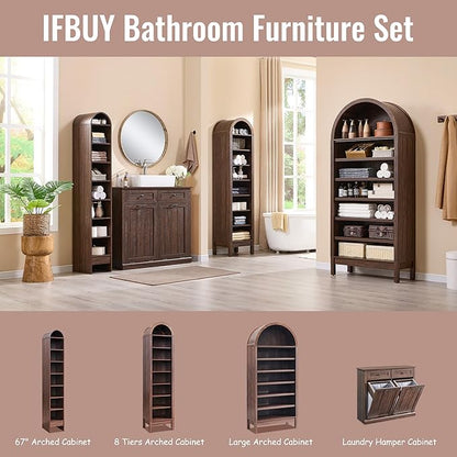 71" Tall Arched Bathroom Storage Cabinet, 7-Tier Modern Farmhouse Storage Cabinet with Adjustable Shelves, Wood Freestanding Cabinet for Bathroom, Living Room, Entryway, Hallway-Brown