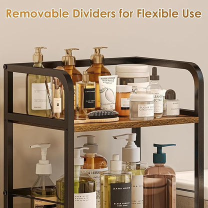 Towel Rack Free Standing Rolling 3-Tier with Removable Dividers & 2 Brake Wheels, Mobile Bathroom Storage Organizer with 3 Wood Shelves for Towels, Toiletries, Poolside Towel Holder