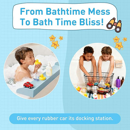Roslim Splash Guard for Bathtub, Silicone Tub Water Splash Guard with Suction Cups, Bath Toy Tray Holder for Kids & Toddlers, Tub Shelf for Children Bathroom Essentials, Baby Blue