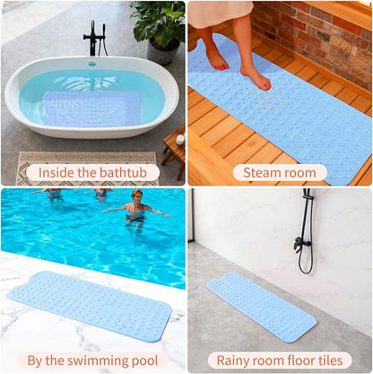Anti-Slip Bathtub Shower mat, 39.3×15.7 inch（Approximately 100 × 40cm） Soft Oversized Machine Washable Non-Slip Bathtub mat with Drainage Holes, Bathroom Floor Suction Cup.（1-Opaque Light Blue）