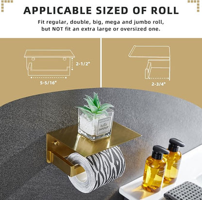 Angle Simple Toilet Paper Holder with Shelf, 304 Stainless Steel Bathroom Tissue Roll Holder for Wall, Brassy Gold