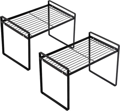 2pk Kitchen Cabinet Shelf Counter Organizer Rack Pantry Storage Bathroom Bedroom Office Table Desk Space Saving Steel Frame Stackable Rust Resistant Non Slip Black-Tall-L13in W8.3in H9.5in