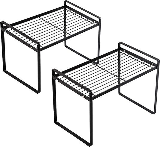 2pk Kitchen Cabinet Shelf Counter Organizer Rack Pantry Storage Bathroom Bedroom Office Table Desk Space Saving Steel Frame Stackable Rust Resistant Non Slip Black-Tall-L13in W8.3in H9.5in