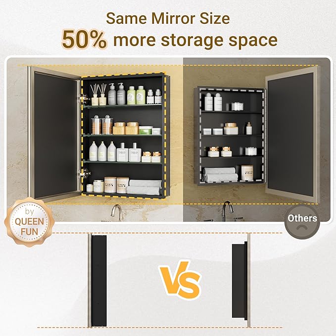 20''x 26'' Brushed Nickel Medicine Cabinet, Recessed or Surface Framed Medicine Cabinet with Beveled Mirror Pre-Assembled, Reversible Bathroom Storage Vanity Cabinet with Adjustable Shelves