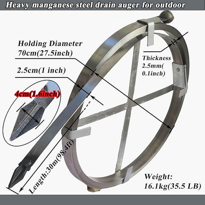Heavy Duty Sewer Drain Snake for Outdoor,Flat,Manual,Length 30m/98.4ft,Width 2.5cm/1inch,Thickness 2.5mm/0.1inch,Manganese Steel Plumbing Snake Tool
