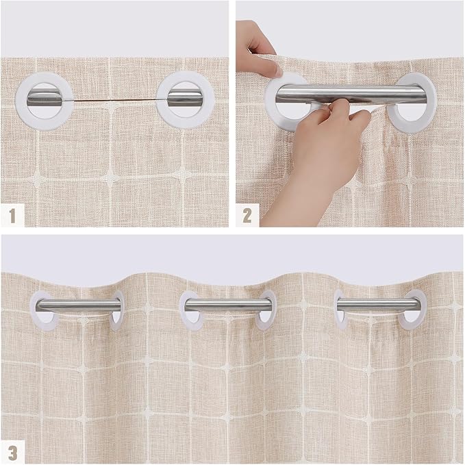 MitoVilla No Hooks Needed Boho Farmhouse Shower Curtain with Snap-in Liner, Cotton Linen Fabric Shower Curtains with Tassels for Rustic Neutral Bathroom Decor, Beige/Cream, 72 x 74