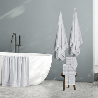 Belizzi Home 100% Cotton Towel Set, Contains 6 Soft Bath Towel, 6 Hand Towels, 12 Wash Cloths - Compact Absorbent Lightweight & Quickdry Towels for Bathroom - 24 Piece Bathroom Towel Set - Light Grey