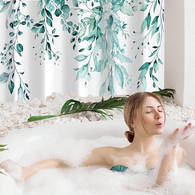 Gibelle Extra Long Shower Curtain 72 x 84, Teal Floral Shower Curtain for Bathroom, Watercolor Plant Eucalyptus Leaves Fabric Shower Curtain Set