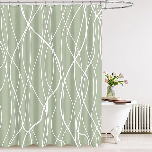 Tititex Morden 140gms Faux Linen Fabric Bath Shower Curtain Set Textured Fabric with Sage White Curve Pattern 72x72 Inch Water Resistant Bathroom Curtains, Weighted Hem & Hooks for Home/Hotel