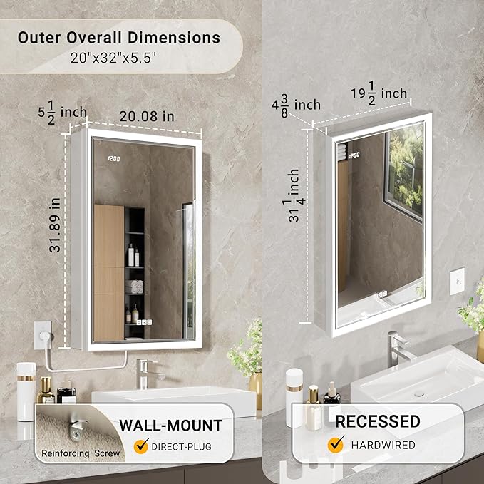 Beveled Lighted Medicine Cabinet with Mirror & Lights -20x32 Surface or Recessed Mirrored Medicine Cabinet with Outlet & Clock, Anti-Fog Dimmable LED Storage Cabinet, Built-in Sensor Light