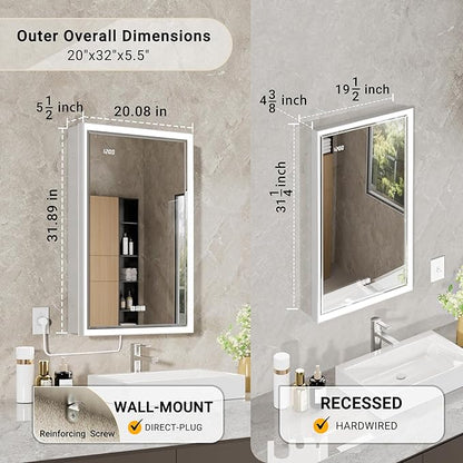 Beveled Lighted Medicine Cabinet with Mirror & Lights -20x32 Surface or Recessed Mirrored Medicine Cabinet with Outlet & Clock, Anti-Fog Dimmable LED Storage Cabinet, Built-in Sensor Light