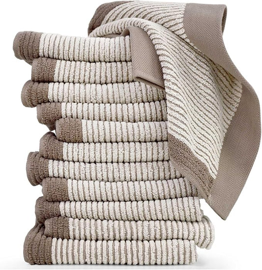 Cleanbear Wash Cloths 12 Pack, Jacquard Weaved Cotton Washcloth for Body and Face, 13.5 by 13 Inches Soft Face Towels for Sensitive Skin (Light-Brown)