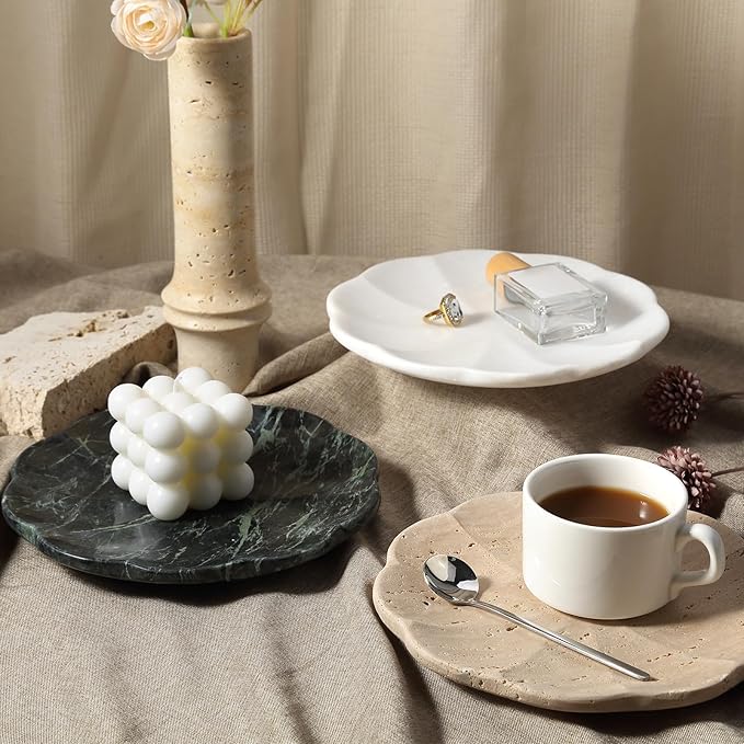 Koville Marble Tray, 8" Round Marble Vanity Tray for Jewelry Trinket Perfume, Natural Stone Tray for Bathroom Kitchen Dresser Countertop, Scalloped Decorative Tray for Home Table Decor(Green)