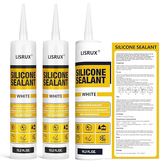 White Advanced Silicone Caulk, 100% Waterproof Silicone Sealant Indoor Outdoor Caulking for Window, Door, RV, Roof, Auto & Marine, Kitchen, Bathroom, Glass,15.2 oz（1-Pack） No Odor