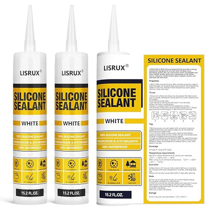 White Advanced Silicone Caulk, 100% Waterproof Silicone Sealant Indoor Outdoor Caulking for Window, Door, RV, Roof, Auto & Marine, Kitchen, Bathroom, Glass,15.2 oz（12-Pack） No Odor