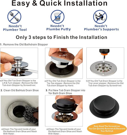Artiwell Universal Tip Toe Bath Drain Stopper and Cover, Bathtub Drain Stopper, Replaces Lift and Turn, Tip-Toe and Trip Lever drains for Tub, EZ Installation and Clearing (MATT Black)
