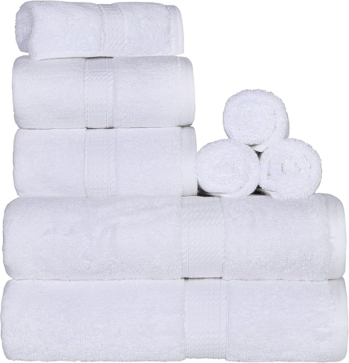 BLUENILEMILLS Madison Egyptian Cotton Towels, Towel Set for Bathroom, Shower, Hotel, Plush, 800 GSM, Highly Absorbent and Ultra-Soft Towels, Bath Essentials, 8 Piece Assorted Towel Set, White