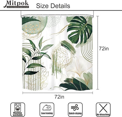 4 PCS Sage Green Boho Shower Curtain Set 72Wx72H, Non-Slip Bath Rug Toilet Lid Cover and U Shape Mat Modern Tropical Palm Leaves Complete Bathroom Set Accessories with 12 Hooks Bathroom Decor