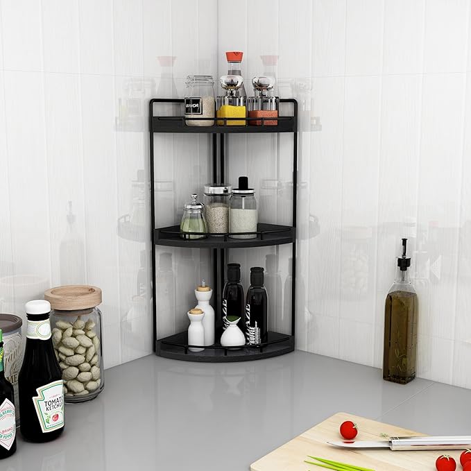 Dorhors 3-Tier Corner Bathroom Organizer Countertop for Storage,Vanity Tray,Wood Counter Organizer for Kitchen,Bathroom,Dresser (Black)