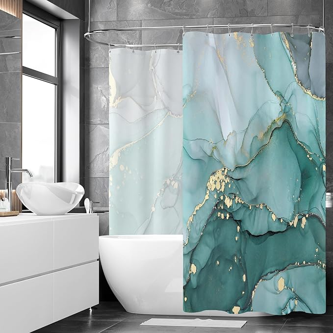Extra Wide Marble Shower Curtain 108 x 72, Turquoise Abstract Shower Curtains for Claw Foot Tub, Modern Luxury 108 inch Long Shower Curtain Set with 18 Pack Plastic C-Hooks