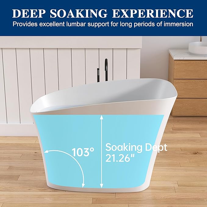 51'' Japanese Soaking Tub Freestanding Bathtub Resin Stone Bathtubs Deep soaking Tub with Overflow and Pop-up Drain - White