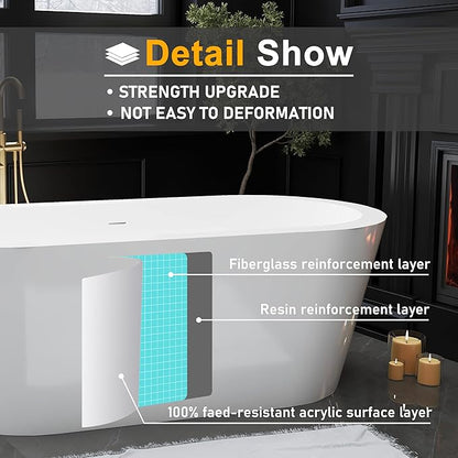 67" Acrylic Freestanding Bathtubs, Stand Alone Tub, Soaking Tubs for Bathroom, Integrated Overflow and Drain, cUPC Certified, Gloss White
