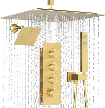 Enga Thermostatic Dual Head Shower System, Shower Faucet Set with 16"+6" Rain Shower Heads & Handheld, All Functions Use Simultaneously, Adjustable Volume, Brushed Gold