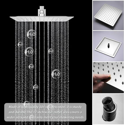 Bathroom Shower Faucet Set Brushed Nickel 12 Inch Wall Mounted Rainfall Shower Head System, Temperature Digital Display Shower Faucet with Handheld Spray, 4 PCS Body Jets