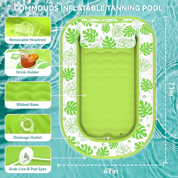 Inflatable Tanning Pool Lounger Float with Cervical Pillow - Pool Floats Adult for Sunbathing, Backyard, Pool Party - Inflate Ball Pit for Babies - Kids Swimming Pool Bed