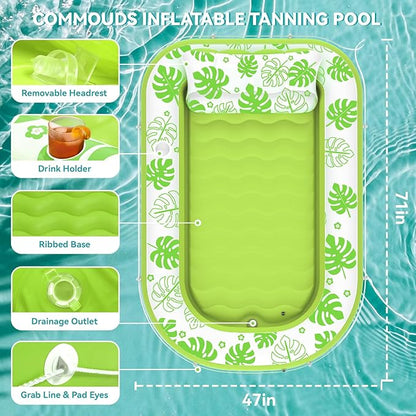 Inflatable Tanning Pool Lounger Float with Cervical Pillow - Pool Floats Adult for Sunbathing, Backyard, Pool Party - Inflate Ball Pit for Babies - Kids Swimming Pool Bed