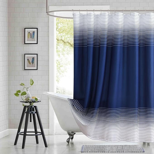 Blue Shower Curtain, Modern Navy Blue and White Gradient Horizontal Stripe Waterproof Polyester Shower Curtains for Bathroom, 72x72 Inches