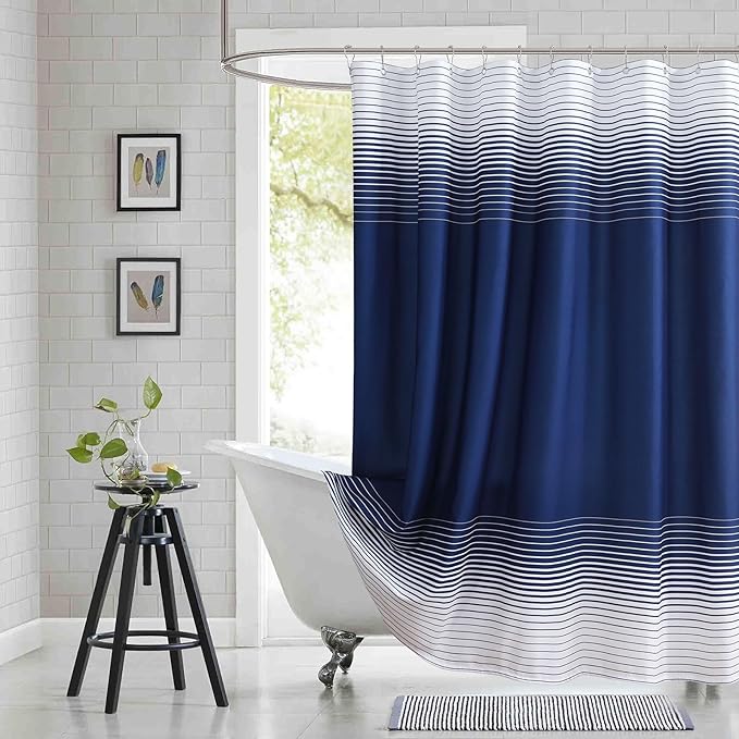 Extra Long Blue Shower Curtain, Modern Navy Blue and White Gradient Horizontal Stripe Waterproof Polyester Shower Curtains for Bathroom, 72x84 Inches