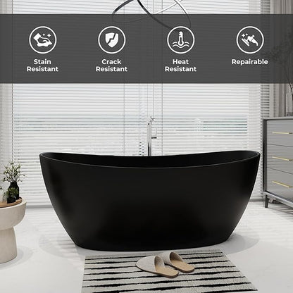 SJ STAR&JANE 65" Solid Surface Freestanding Bathtub Stone Resin Soaking Tub Matte Black Double Slippers Stand Alone Oval Tub with Pop-up Drain and Overflow for Bathroom