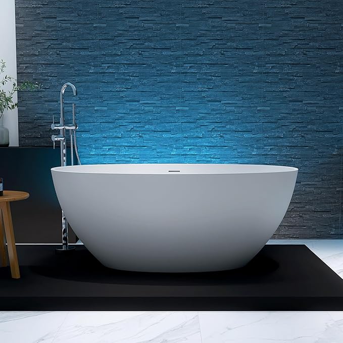 55'' Resin Stone Soaking Bathtub Freestanding Bathtub Solid Surface Modern Tubs with Overflow and Pop-up Drain in White…