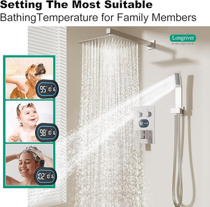 Push Button Diverter Shower Faucet Set Hydro Power Temperature Display, Shower System 10 Inch Shower Head with Handheld Spray, Wall Mounted Shower Fixtures with Valve and Trim Kit, Brushed Nickel