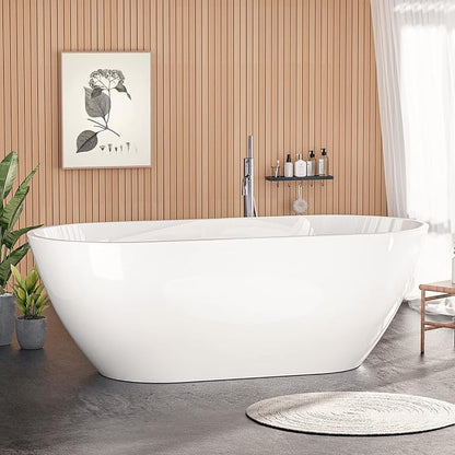 55" Sleek White Acrylic Freestanding Bathtub, Soaking Tub with Brushed Chrome Overflow and Drain
